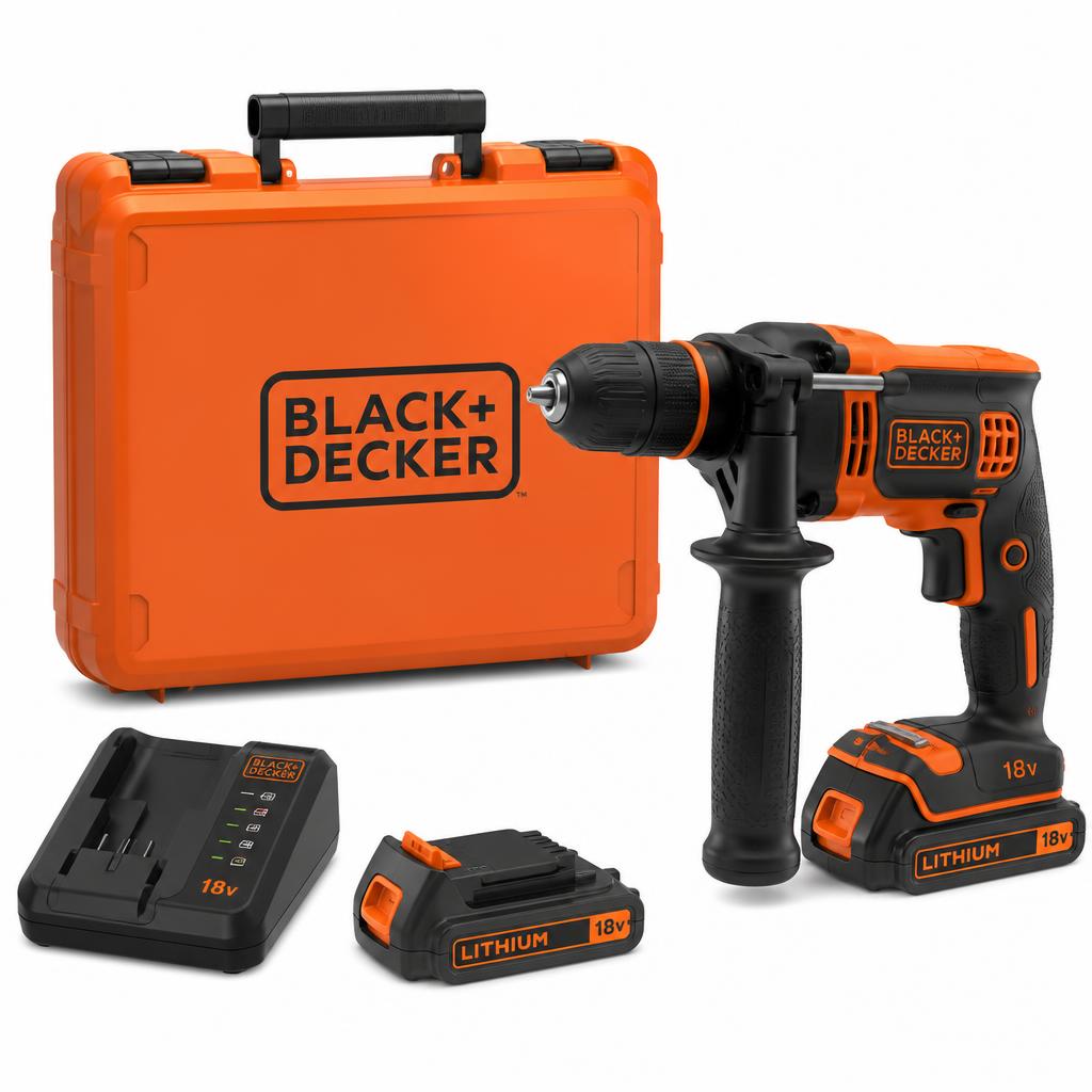 BLACK+DECKER 18V Hammer Drill with Battery, Charger & Kitbox (BCD700S1K-GB)